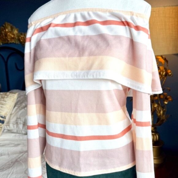 BooHoo Peach Striped Off the Shoulder Long Sleeved Top - Picture 1 of 8